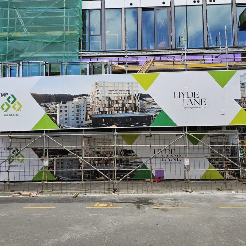 Vinyl wrap, full colour print applied to hoardfence and scaffold system